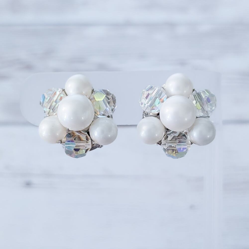 Vintage Clip On Earrings Off White & Iridescent Cluster